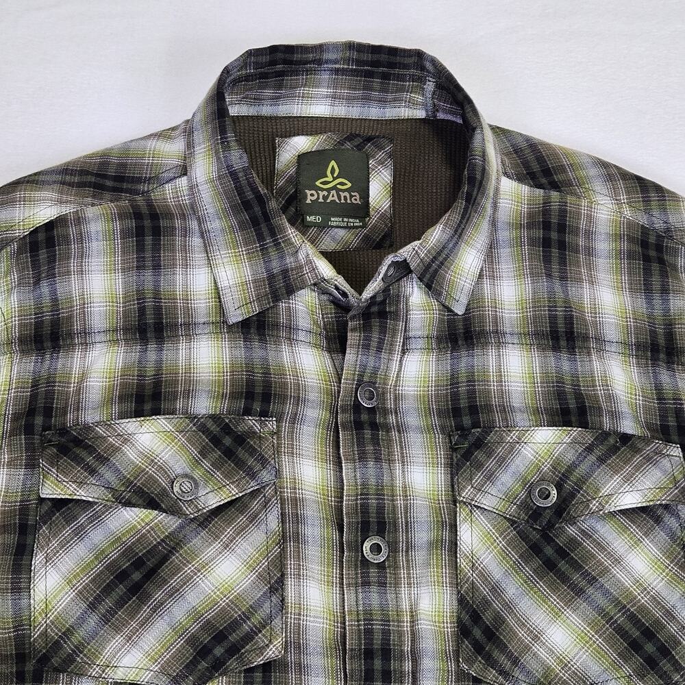 PRANA Mens M Asylum Plaid Snap Flannel Shirt Jacket Thermal Lined Shacket Green